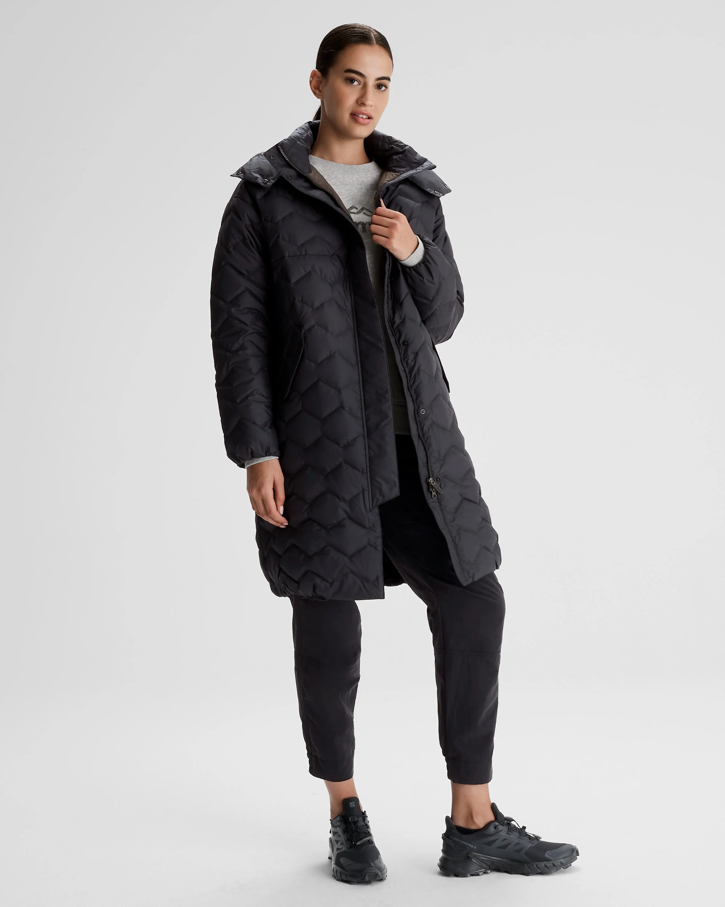 Women's Any Time Down Hooded Parka Jacket- Black Stingray - Image 11