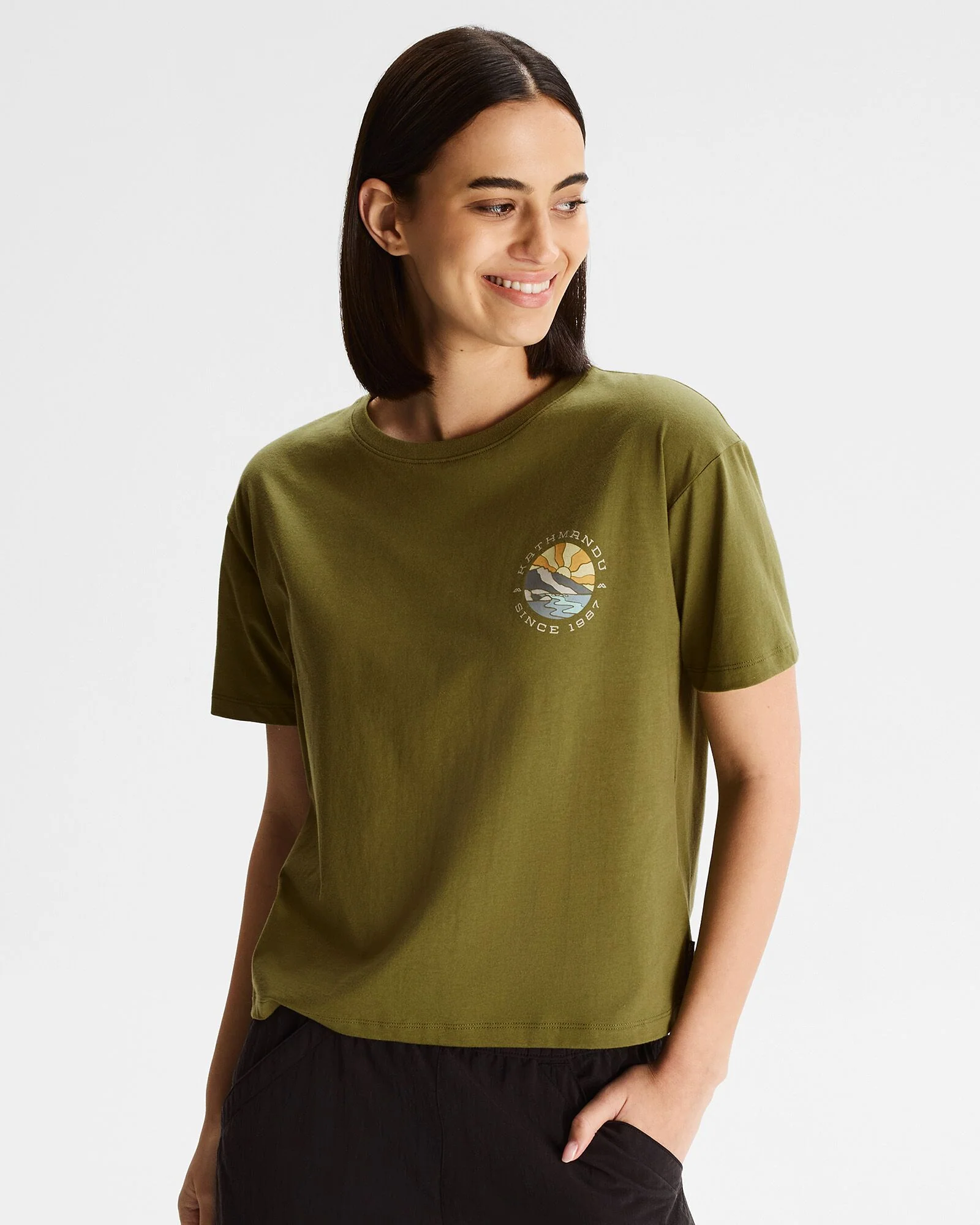 Women's Kathmandu Logo Sunburst Organic Cotton T-shirt - Dark Fern